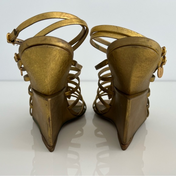 YVES SAINT LAURENT BRONZE GOLD GLADIATOR WEDGE SANDALS SIZE IT 37.5 / US 7.5 - Picture 15 of 17